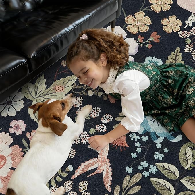 DCX Black Floral Rug 4x6, Washable Black Rug for Living Room, Kid & Pet Friendly with Rubber Back Non Slip, Soft Low Pile Carpet, Stain Resistant Rug for Bedroom, Nursery, Dining Room