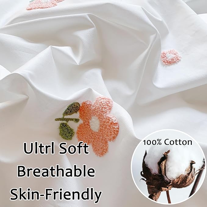 MorroMorn Cotton Duvet Cover Queen Size, 3D Embroidery Floral Bedding Sets, Fluffy Chenille Embroidered Comforter Covers Breathable Sweat-Absorbent for Girls Kids Teen (Flowers White, Full/Queen)