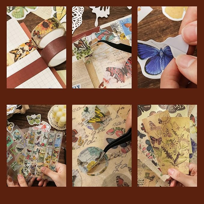 emmoolife Vintage Aesthetic Scrapbooking Supplies Kit, Butterfly Junk Journal Scrapbook Kit with Journaling Supplies, A6 Grid Notebook, Stationery, Birthday Craft Gift Set for Teen Girl Women