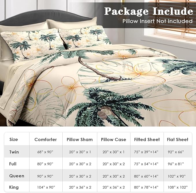 Comforter Set Twin Size, Tropical Botanical Palm Summer 5 Pcs Bedding for Kids and Adults, Hawaiian Coconut Tree Bed Sheet Sets with Fitted Sheet Pillowcase & Sham for Bedroom Bed Decor