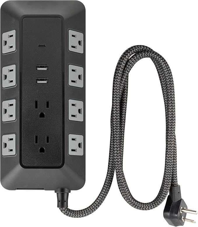 GE UltraPro 10-Outlet Surge Protector with USB, 2 USB-A, 1 USB-C, 4 Ft Braided Extension Cord, Multi Plug Outlet Extender, Adapter Spaced, Flat Plug, 3540 Joules, Charging Station, Black, 81785