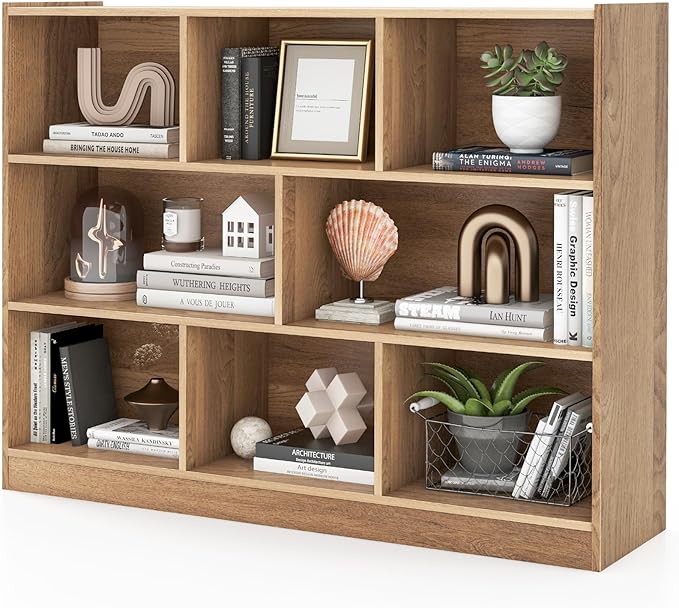 Giantex 8 Cube Bookcase, Freestanding 3-Tier Open Bookshelf, Modern Storage Display Cabinet, Wood Cube Storage Organizer for Living Room, Kid’s Room, Natural