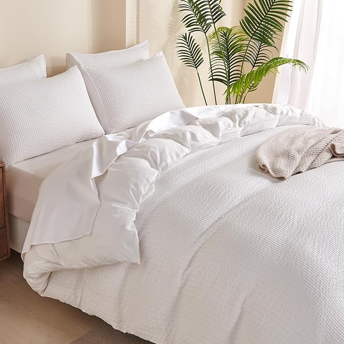 Queen Duvet Cover Striped White - Soft Luxury Washed Jacquard Microfiber 3 Pieces Bedding Set for All-Season with Zipper Closure & Corner Ties, Lightweight Comfort Breathable (No Comforter)