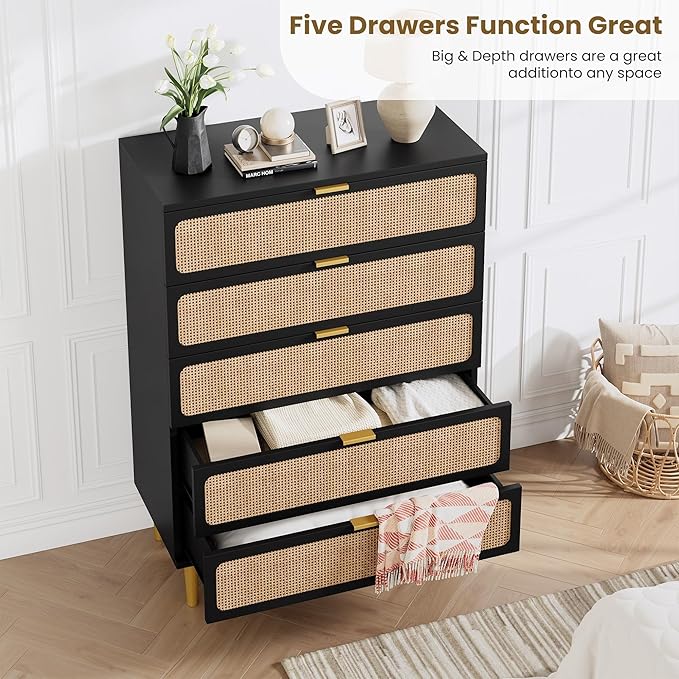 Garvee Rattan Dresser with 5 Drawers, Tall Modern Closet with Deep Storage, Large Chest of Drawers with Wide Top, Long Wooden Dresser for Bedroom, Living Room, Hallway, Kids Room, Black