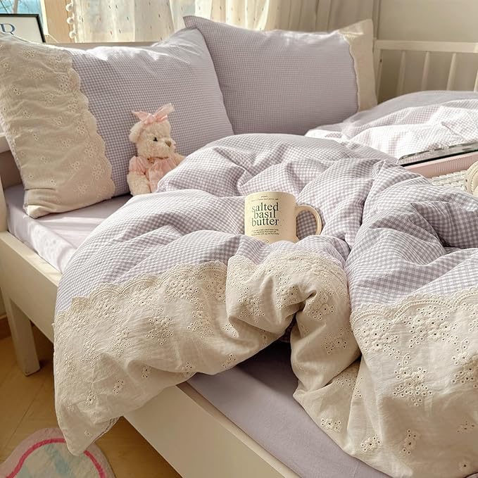 LifeTB Purple Gingham Duvet Cover Twin Cozy Washed Microfiber Purple Checkered Plaid Duvet Cover with 2 Pillowcases Romantic White Lace Comforter Cover 3 Pieces Gingham Grid Bedding Set