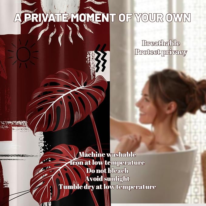 Extra Long Shower Curtain 96 Inchs Extra Tall Black and Red Mid Century Modern XL Boho Burgundy Shower Curtains for Large Bathroom Decor Sets, Waterproof Cloth Fabric with Hooks, 70 x 96 Inch