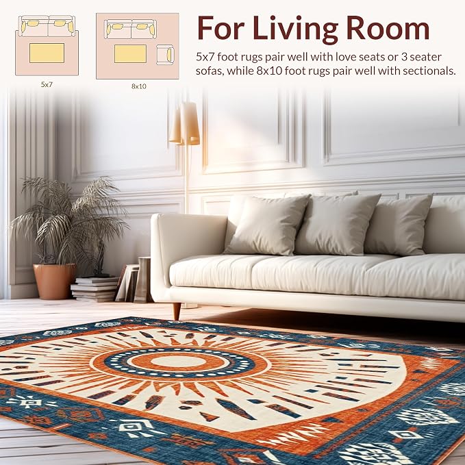 Flatwoven High Traffic Area Rug 6x9, Vintage Tribal Sunburst Motif, Non Slip, Stain Resistant, Washable Area Rugs for Living Room, Bedroom (Orange, 6x9)