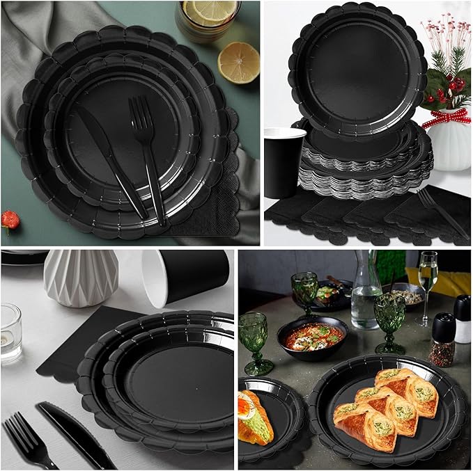 Vyntra 350 PCS Disposable Plates for Party, Paper Plates & Napkins Set with Cups, Knives, Forks, Spoons, 7'' Dessert and 9'' Dinner Plates for Birthday, New Year’s Eve, Graduation - Black