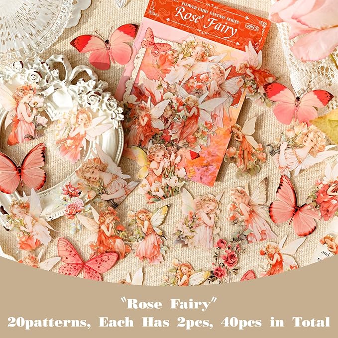 SIBLYMONA Vintage Fairy Stickers 120Pcs Transparent Stickers for Scrapbooking Journaling, Floral Butterfly Cottagecore Junk Journal Scrapbook Supplies, Rub On Transfers for Crafts (120, Pink)