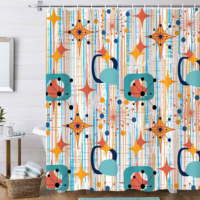 Mid Century Shower Curtain, 72x84inch, Modern Abstract Retro Colorful Striped Geometric Shower Curtain Sets 1950s Boho Bathroom Shower Curtain with 12 Hooks
