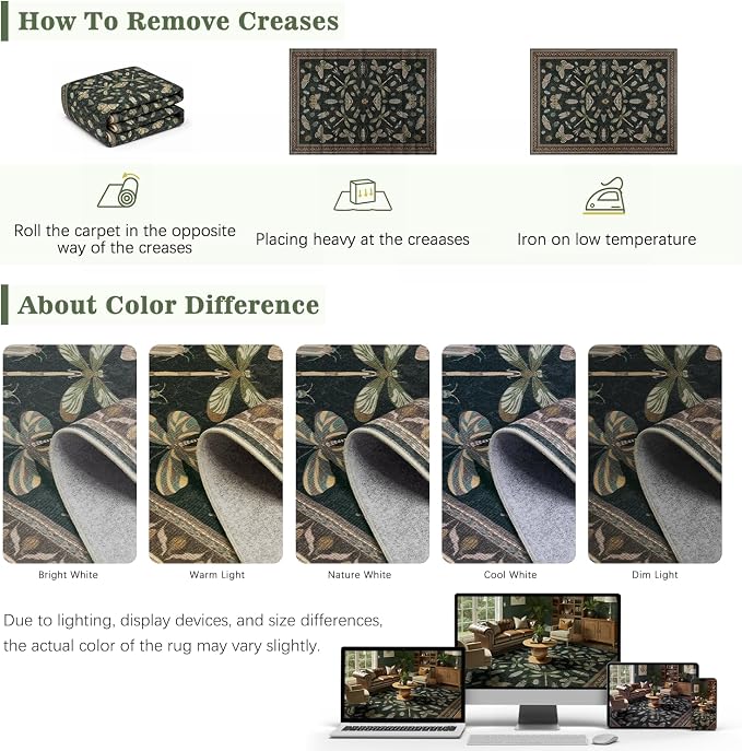 DCX 6x9 Washable Insect Rug, Vintage Gothic Black Rug with Non-Slip Rubber Backing, Soft Low-Pile, Stain-Resistant, Kid & Pet Friendly, for Living Room, Bedroom, Office, and Nature-Themed Decor