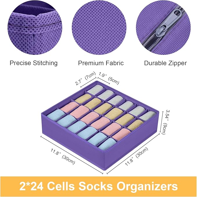 Joyoldelf Sock Drawer Organizer Divider 2 Packs Underwear Organizer, 24 Cell Closet Organizers and Storage Organizer Sock Holders Organizers for Storing Socks, Handkerchiefs, Ties, Belts (Purple)