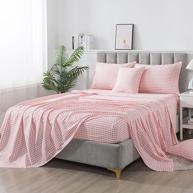 FADFAY Pink Plaid Queen Size Sheets 100% Cotton Geometric Checker Bedding Teens Grid White Gingham Pattern College Bedding Deep Pocket Sheets with 2 Pillowcases Ultra Soft 4pcs, Queen Size