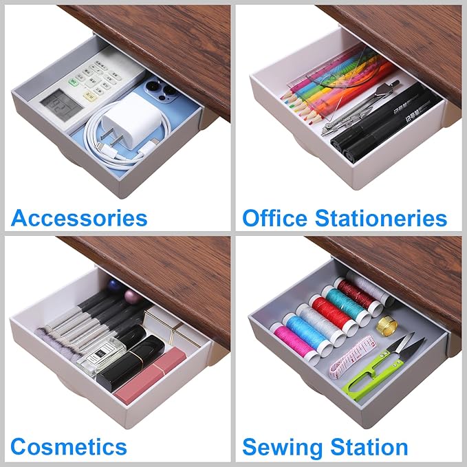 LuluEasy 2 Pack Under Desk Drawer Self-Adhesive Desktop Storage Organizer, Hidden Attachable Slide Out Desk Drawer, Under Table Tray for Pencil Pen Stationery Office Organization, Gray