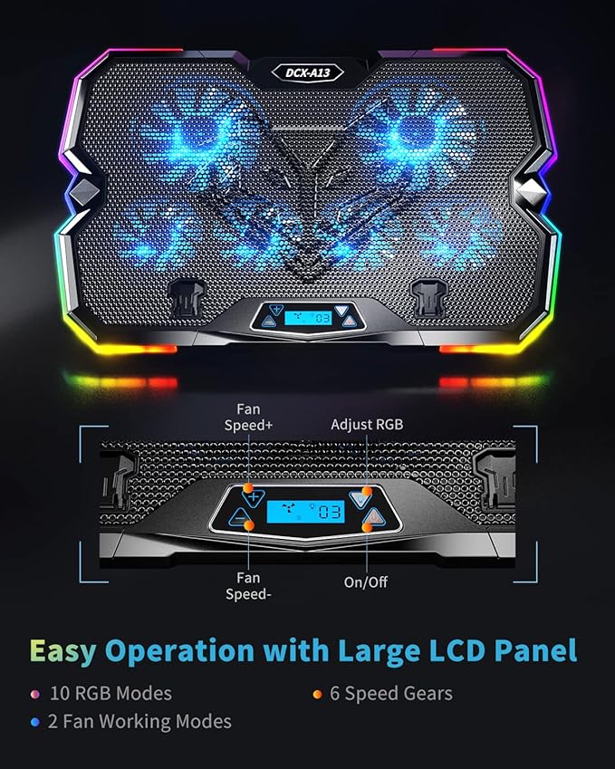 KeiBn Upgrade Laptop Cooling Pad A13,RGB Lights Laptop Cooler 6 Fans for up to 15.6 Inch Laptops,10 Modes Light, 7 Height Stands, 2 USB Ports - Blue