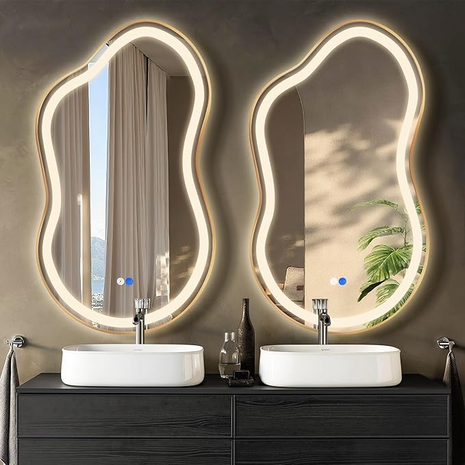 Irregular Led Backlit Bathroom Mirror -24"x36" Single Piece, Asymmetrical Cloud Lighted Vanity Mirror with Lights for Wall, Anit-Fog, Dimmable, Memory (Vertical/Horizontal)