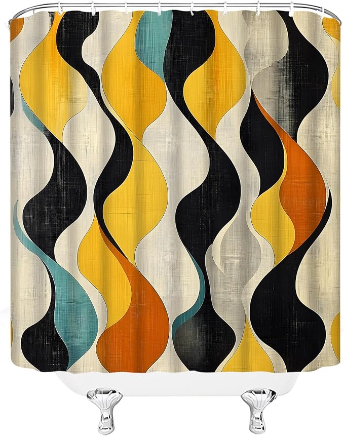 Mid Century Shower Curtain Boho Minimalist Modern Abstract Aesthetic Geometric Striped Atomic Retro Earthy Fabric Bathroom Decor Set with Hooks(70" Wx84 H)