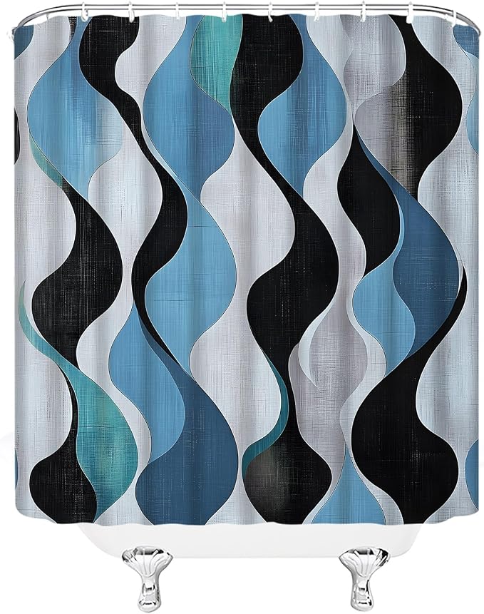 Mid Century Shower Curtain Boho Minimalist Modern Abstract Aesthetic Geometric Striped Atomic Retro Earthy Fabric Bathroom Decor Set with Hooks(70" Wx96 H)