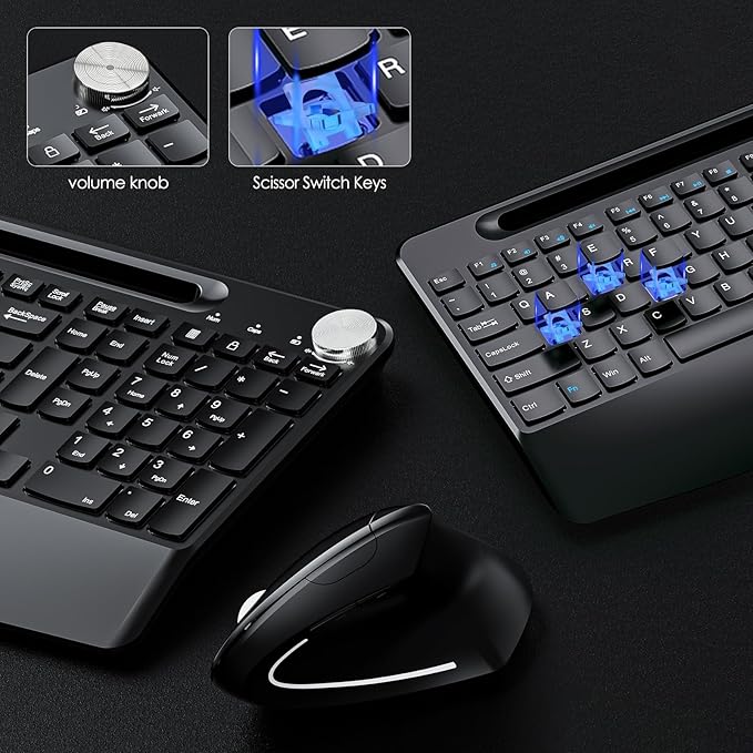 Sksyloo Full-Size Ergonomic Keyboard and Mouse, 2.4GHz Wireless Keyboard and vertical Mouse with Tablet Phone Holder, Wrist Rest for Computer Mac PC Laptop Chromebook, Black
