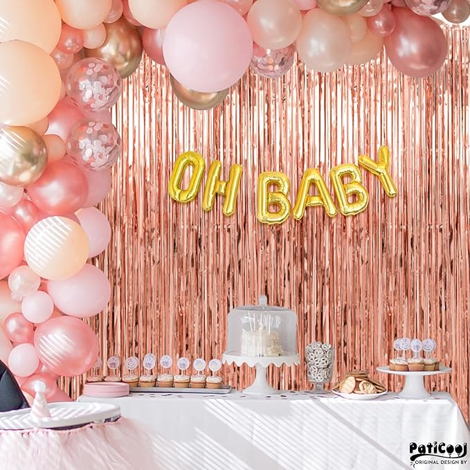 Thicken Rose Gold Streamers 4 Pack 3.2 x 8.2 FT, Tinsel Backdrop Curtains, Birthday Decorations for Women Girls, Foil Fringe Photo Backdrop for Bridal Shower, Baby Shower Party Decorations