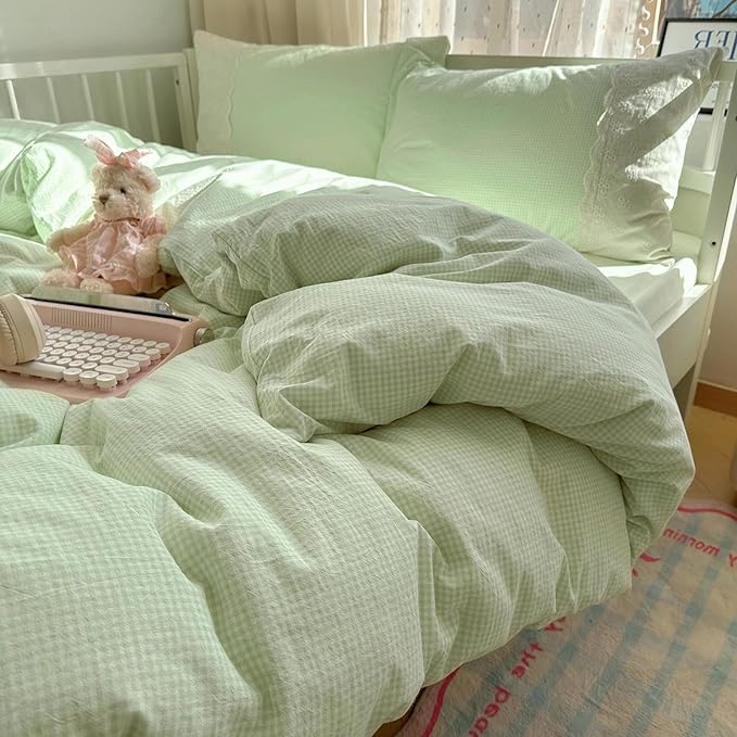 LifeTB Green Gingham Comforter Set King Romantic Lace Style Vintage Checkered Plaid Comforter Set 3 Pieces Green Grid Comforter with 2 Pillowcases Soft Fluffy Farmhouse Gingham Bedding Set King