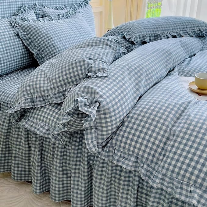 LifeTB Blue Gingham Comforter Set King 3 Pieces Ruffle Plaid Checkered Pattern Comforter Chic Gingham Bedding Set Fluffy Soft Grid Plaid Bedding Comforter Farmhouse Checkered Comforter Set King
