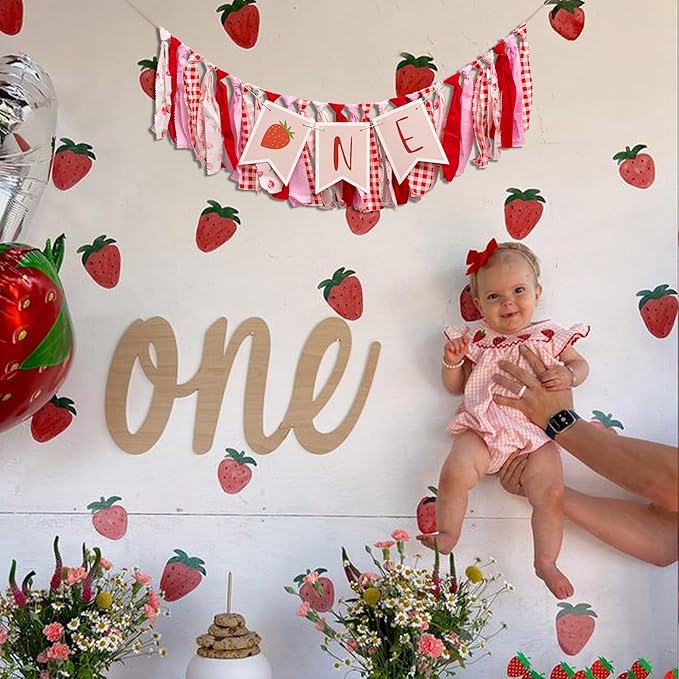 Berry First Birthday High Chair Banner - Strawberry Highchair Banner 1st Birthday, Berry Sweet One Party Decorations for Cake Smash, Photo Props