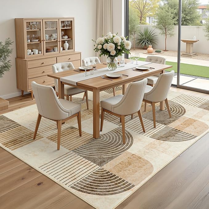 Area Rugs 5x7 Living Room -Washable Modern Geometric Neutral Beige Rug for Bedroom, Soft Non-Slip Indoor Floor Abstract Carpet for Dining Room Nursery Office