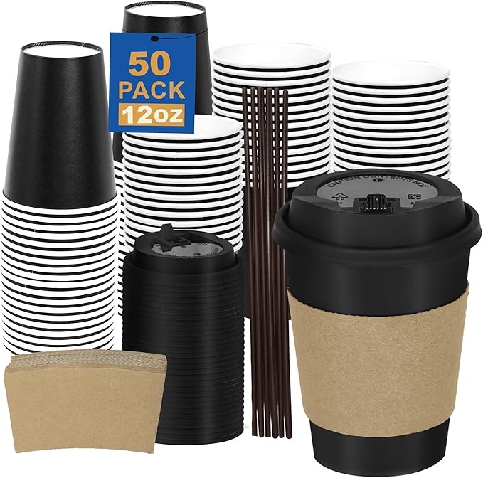Coolcap 20 oz 50 Pack Coffee Cups with Lids and Sleeves, Straws, Hot Disposable To Go Travel Paper Cups Bulk for Office, Home Coffee Bar Accessories, Chocolate, Cocoa, Beverage (Black)