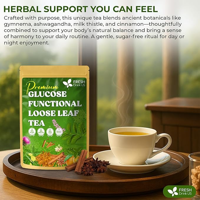 FreshDrinkUS, Glucose Functional Loose Leaf Tea | 4oz | Herbal Blend of Gymnema, Milk Thistle, Dandelion Root, Cinnamon & Ashwagandha – Naturally Caffeine-Free, Premium Quality, Balanced Flavor. Vegan