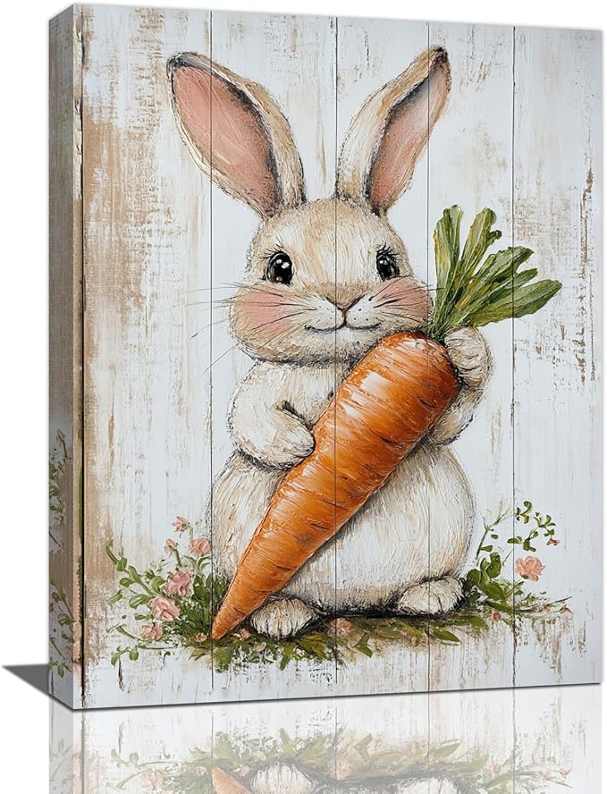 Rabbit Wall Art, Easter Bunny Pictures Wall Decor, Farmhouse Rabbit Carrot Canvas Prints, Rustic Cute Animal Painting Framed Artwork for Bathroom Living Room Bedroom Office Dining Room 16"X12"