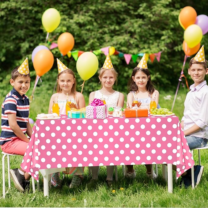 WNINK 3 Pack Pink and White Polka Dot Tablecloths, Pink Disposable Plastic Waterproof Table Cover, 54" x 108", for Birthday, Wedding, Bridal Shower, Bachelor, Pink Girl Party, and Picnic