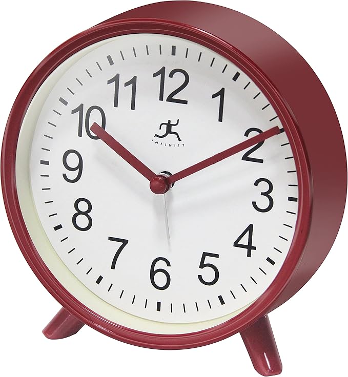 Infinity Instruments Plastic 5.75" Indoor Tabletop Alarm Clock with Quartz Movement for Accurate Time Keeping, Red