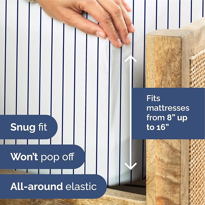 Striped Sheets - Navy Blue & White Striped Sheets - 1 Flat & 1 Fitted & 2 Pillowcases w/ Deep Pockets – Wrinkle & Fade Free - Soft, Breathable & Cooling – Luxury Pinstripe Bedding - Queen Size Bed Set
