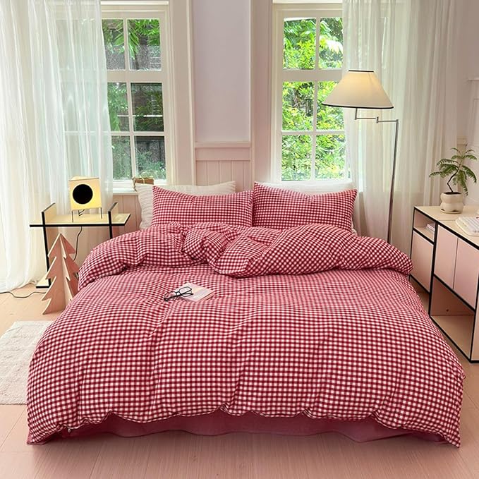LifeTB Red Gingham Comforter Set King Modern Style Boho Plaid Comforter Set 3 Pieces Soft Fluffy Grid Checkered Pattern Comforter with 2 Pillowcases Farmhouse Gingham Plaid Bedding Set Breathable