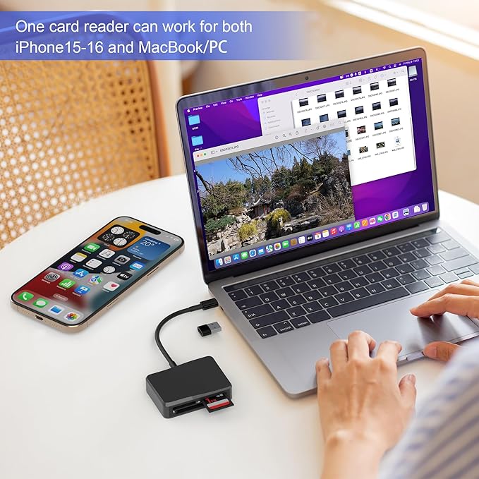 SD Card Reader, 4 in 1 USB C to SD/TF/CF/MS Card Reader with USB to USB C Adapter Memroy Card Reader for iPhone 17/16/15 Pro Max iPad Pro MacBook Pro/Air iMac M4/M3/M2 Android Phone/Tablet PC (Black)