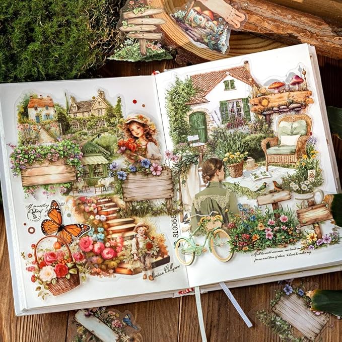 240 Sheets Retro Wood Road Sign Stickers for Journaling, 6 Pack Assorted Designs Decorative Transparent PET Stickers for Scrapbooking, Junk Journals, Collage, DIY Crafts Arts