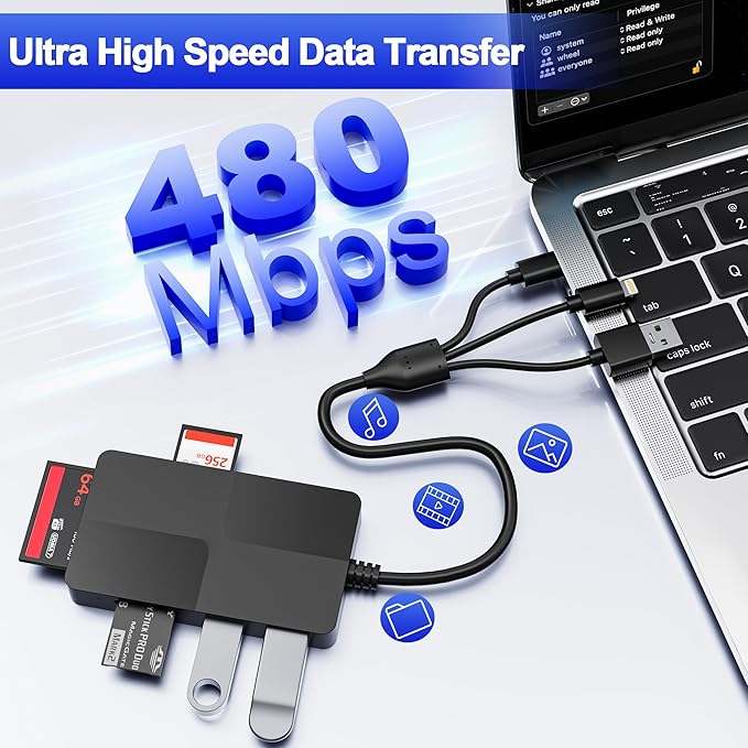 Memory Stick Pro Duo Reader Adapter, 8 in 1 SD/MS/TF/CF/XD Card Reader with 3 USB 2.0 Ports, L-ightning+USB A+USB C, Multi Memory Card Reader Support OTG, Fast Data Transfer