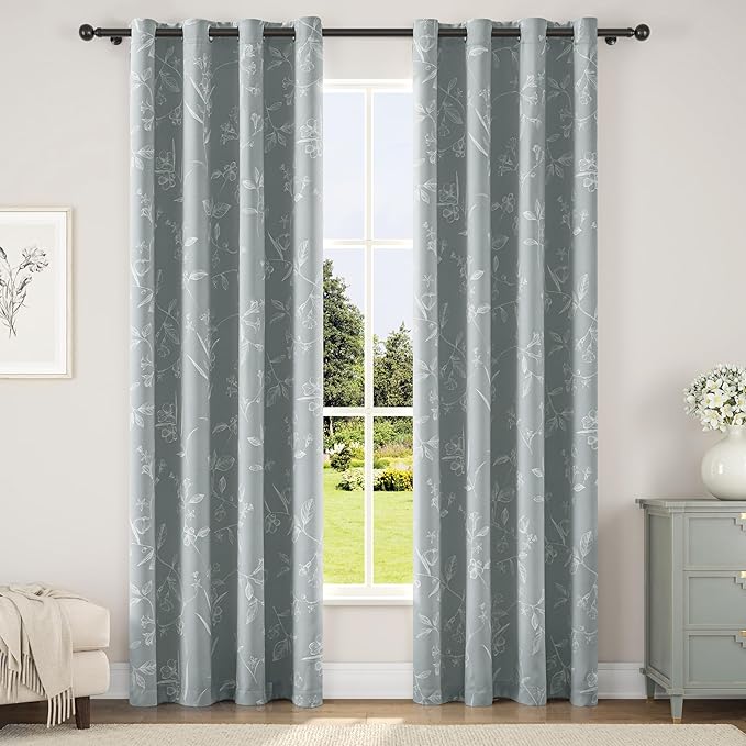 ChrisDowa Grey 100% Blackout Floral Curtains 84 Inches Long 2 Panels for Bedroom Living Room White Flower Patterned Room Darkening Thermal Insulated Soundproof Grommet Window Treatments Drapes,52X84