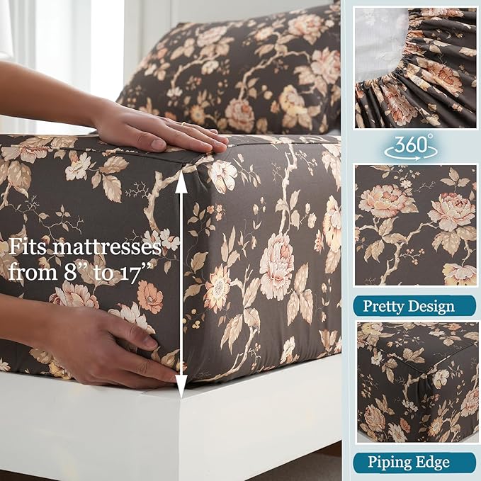 Zusbest Dark Brown Floral Bed Sheets Set - Queen Size Percale Cotton Shabby Rustic Peony Flower Print Bed Sheets - Soft Breathable Mocha Classic Vintage Bedding 4 Pcs Deep Pocket Flower Bed Sheets