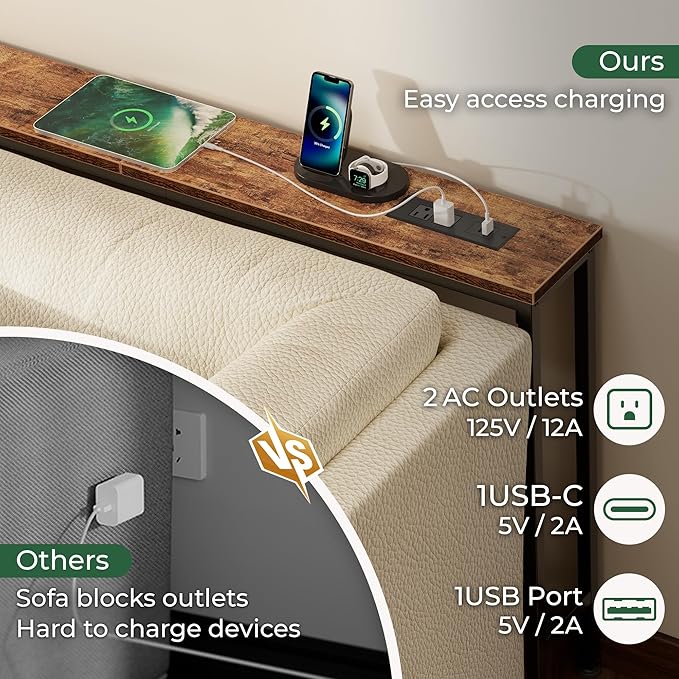 SUPERJARE 110.2 Inch Sofa Table with Power Outlets and USB-C Ports, 5.9 Inch Narrow Console Tables, Entryway Hallway Couch Tables with Storage, Behind Sofa, Small Spaces, Living Room, Rustic Brown