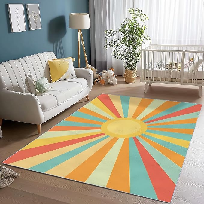 5x7 Washable Area Rug, Colorful Retro Sunburst Stripes Design Non Slip Non-Shedding Rug Easy Care for Living Room Bedroom Kitchen Office Carpet