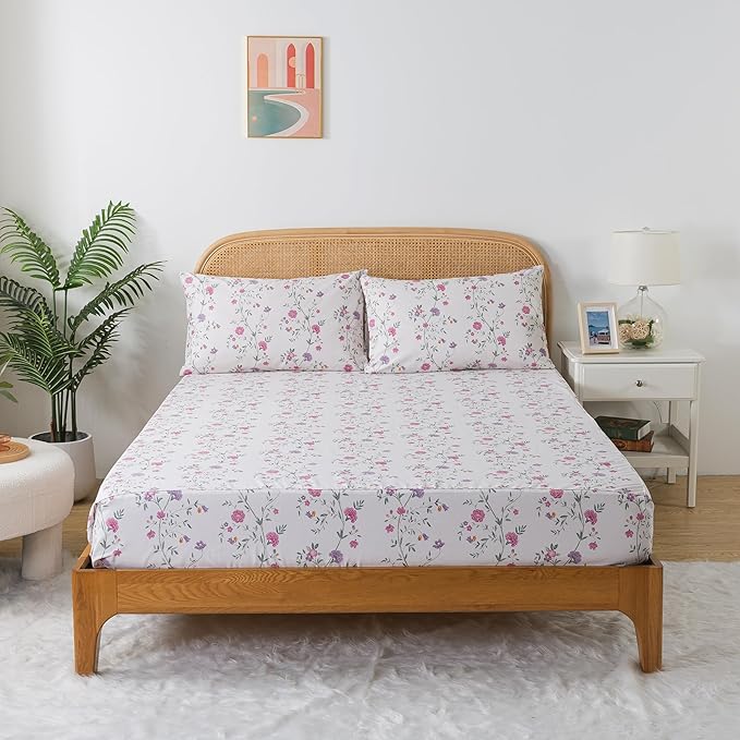 Zusbest- Queen Sheets, Soft 100% Cotton Pink & Off White Floral Bed Sheets,Shabby Vintage Chic Purple Flower Printed Sheets,Breathable Home Decor, Garden Style 4 Piece Deep Pocket Sheets（Rosy）
