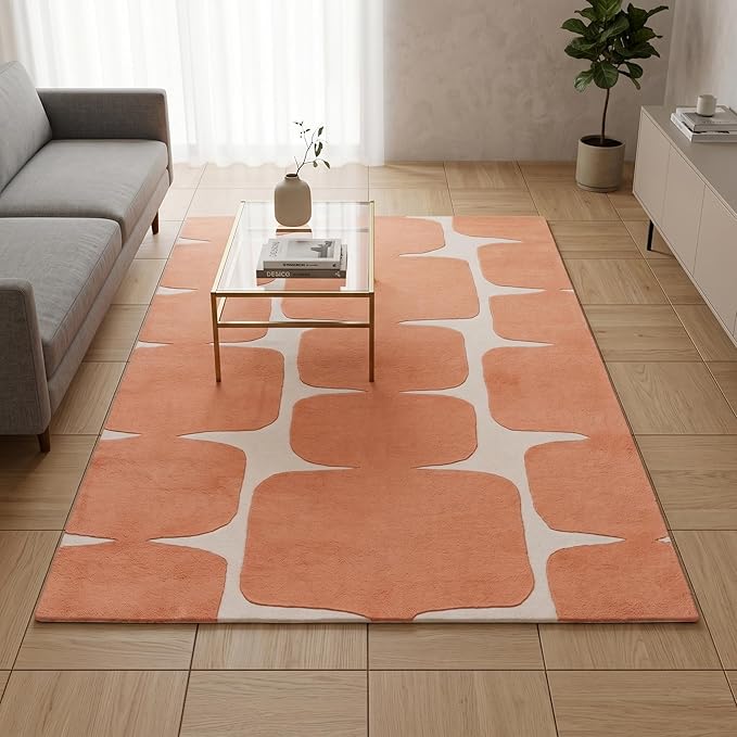 Restoration and Renovation Modern Wool Area Rug - Contemporary Abstract Geometric Design, Thick & Soft Hand-Tufted Carpet - Ideal for Indoor Decor in Living Room, Bedroom (Peach, 10' x 14')