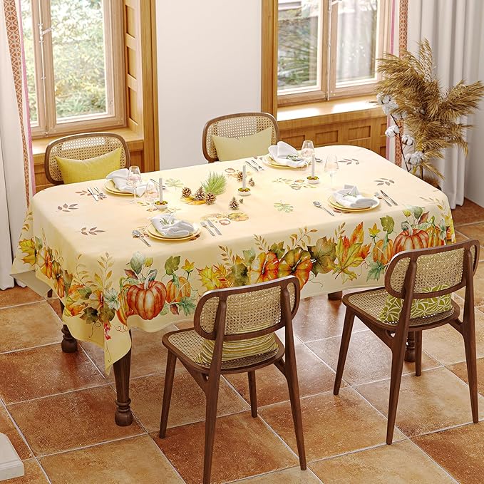 Fall Tablecloth Rectangle 60x84 Inch, Autumn Thanksgiving Harvest Orange Pumpkin Table Cloth Washable Spillproof Table Cover for Halloween Party, Picnic & Dinner Decor
