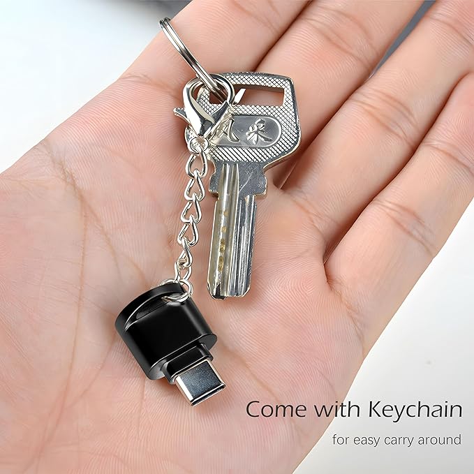 USB C Micro SD Card Reader for Android Phone, Camera, Laptop with Keychain, Mini Metal Type-C Card Reader (Black)