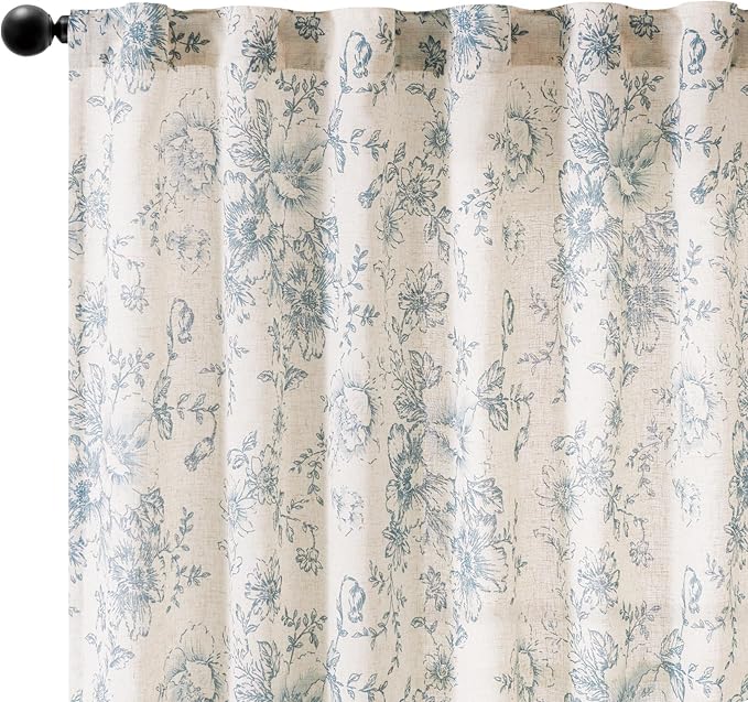 jinchan Linen Blend Curtain Floral Curtains for Living Room 96 Inch Length Blue Printed Curtain Back Tab Farmhouse Peony Flower Patterned Drapes Bedroom Window Curtains Set 2 Panels
