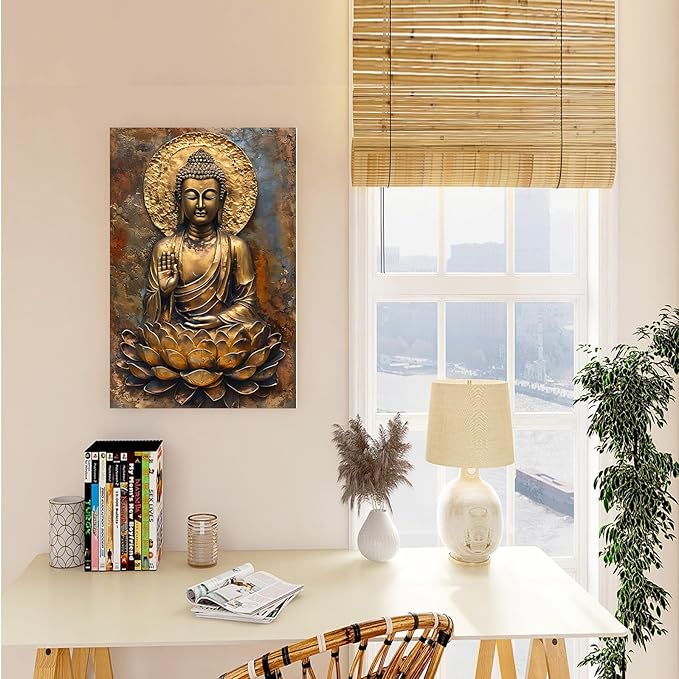 Buddha Wall Art Golden Buddha in Lotus Seat Serene spiritual statue radiant aura Meditation and mindfulness wall art suitable for sacred spaces 32x48in Frameless