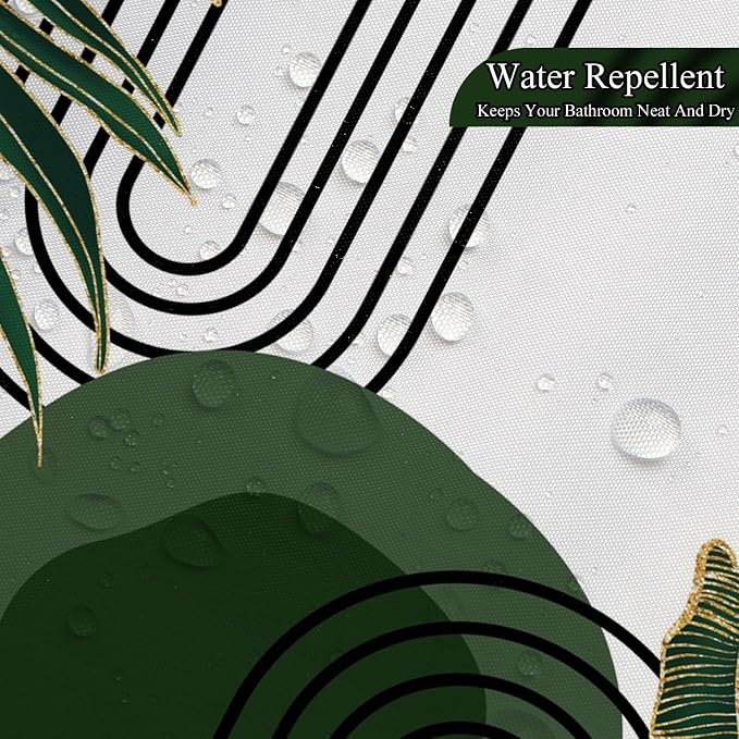 Mid Century Green Shower Curtain for Bathroom Boho Modern Abstract Plant Tropical Leaves Bathroom Curtain Set Geometric Arch Minimalist Waterproof Fabric Bath Decor 72x72 inch