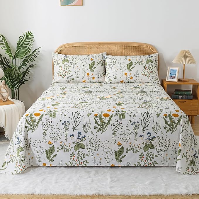 Zusbest California King Size Sheet Sets 100% Percale Cotton Green Floral Bed Sheets Yellow Flower & Green Leaves Botanical Pattern Garden Crisp Soft Deep Pocket Fitted Sheet 17.5'' 4Pcs, Cal King